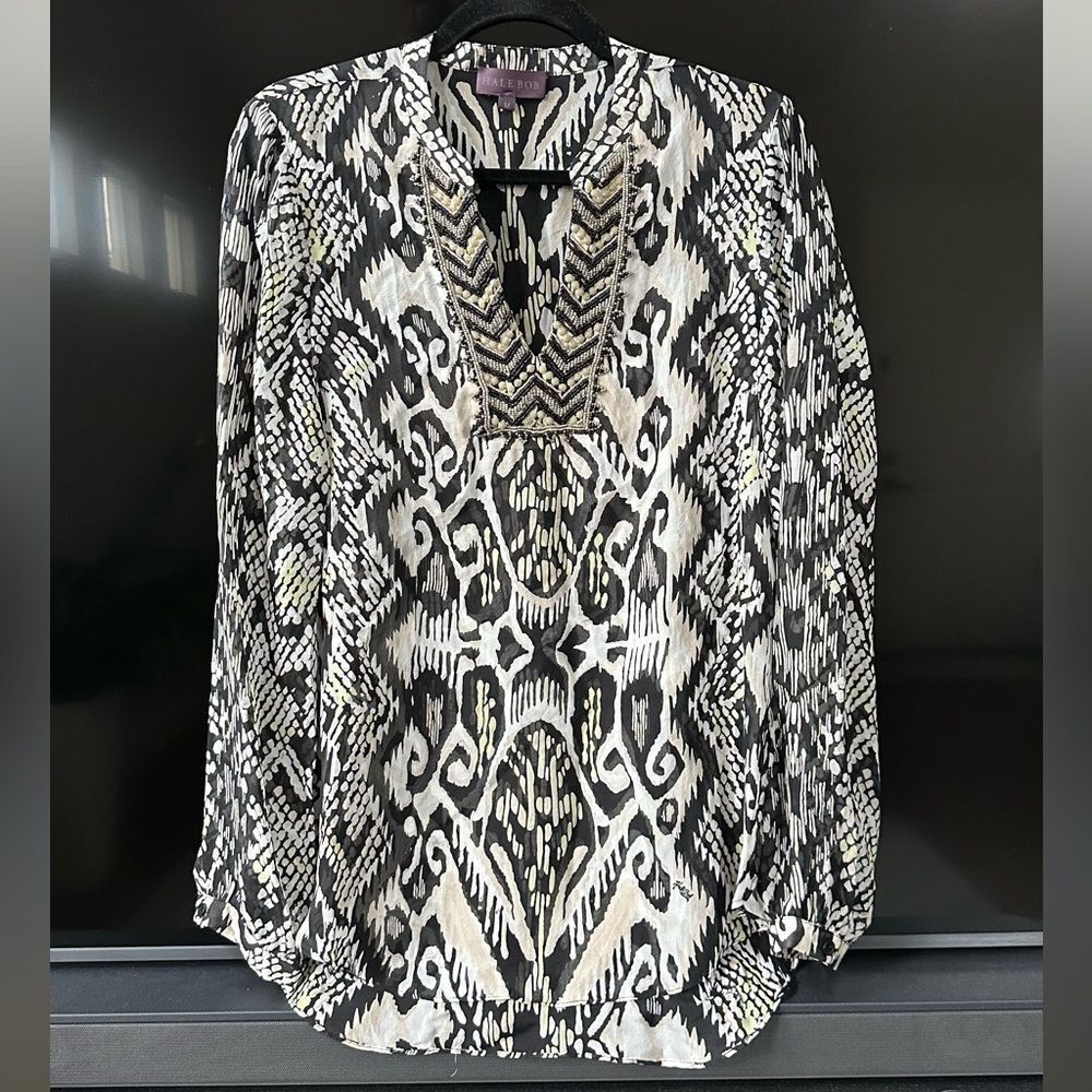Hale Bob Beaded 100% Silk Tunic Boho Blouse, Size M